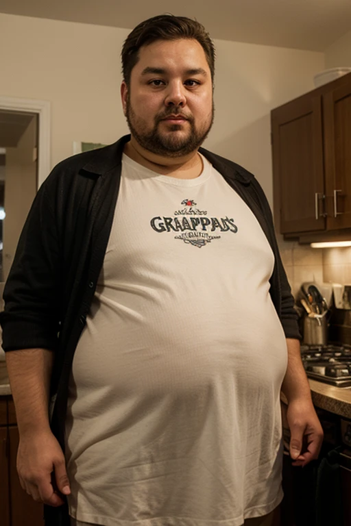 three mature beefy bearded Asian man with a more bigger body size, big beer belly, pumped chest, tribal art style tattoos, authoritative expression, sweating, and gripping his chest, hugging from behind, wearing a maid suit, lightblue lights, fisheye camera