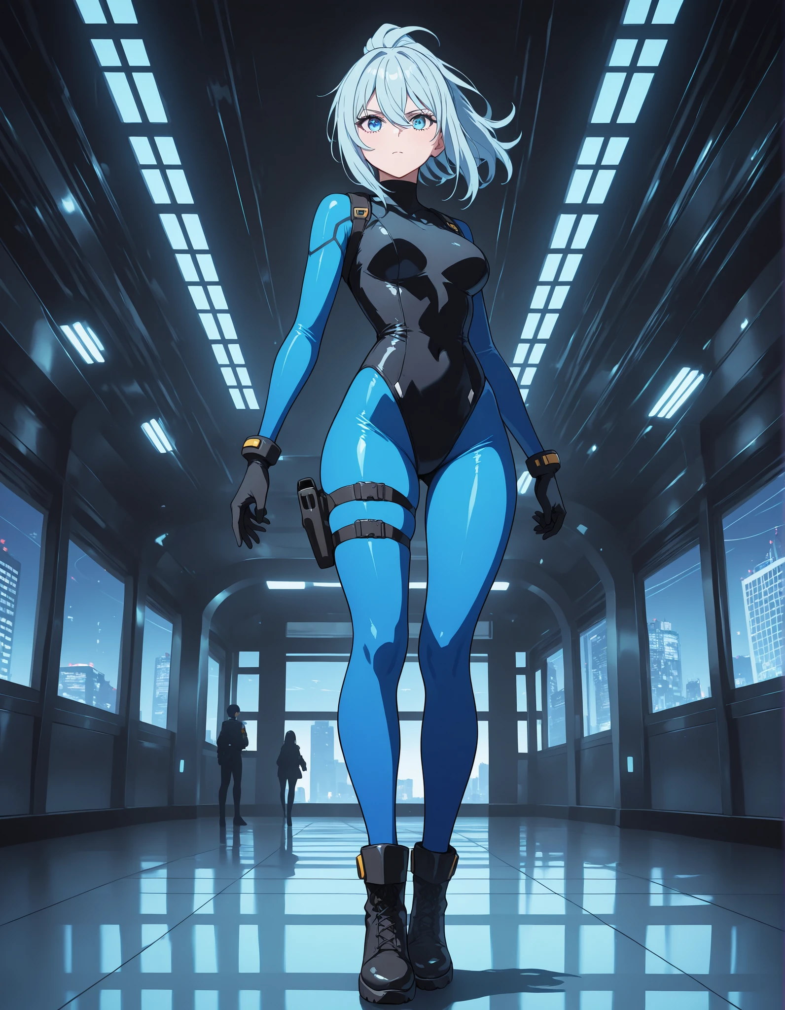 best quality,ultra detailed,looking at viewer,solo, ulvida,dark-blue hair,white hair,two-tone hair,big breasts,black bodysuit,
standing,(front view,portrait),full body,