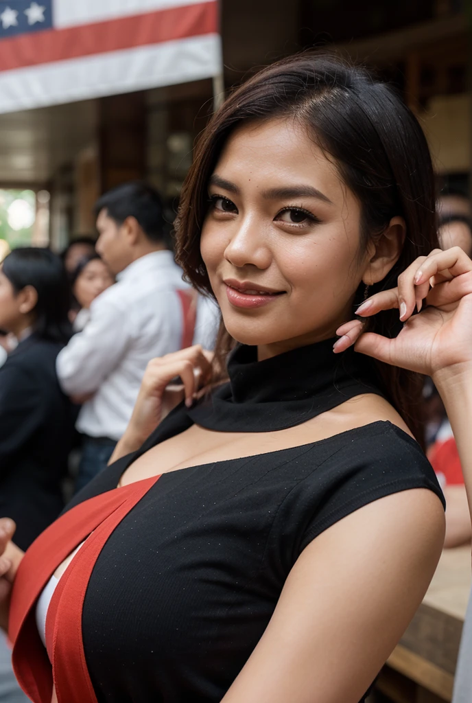 ((Best Quality, 8K, Masterpiece:)), Focus, realistic, A stunning high-resolution, vibrant photograph of 15 old young indonesian girl wear slit kebaya dress, laughing,surrounded by men, multiple men, men embracing her shoulder ,sexy aura, erotic mood,at outdoor wedding party,realistic photo, full body shot,The background is slightly blurred to keep the focus on her, creating a beautiful bokeh effect. soft sunlight filtering through,