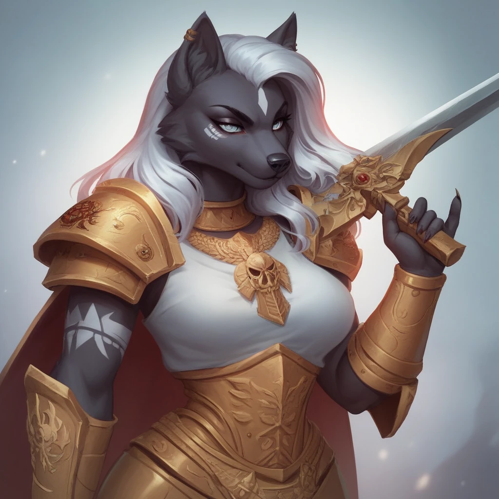 (alone),anime,Wolf Girl,Wearing medieval armor, Red Eyes,Paladin,((furry,)) (She is standing),((whole body,Facing left,)),Silver fur, Silvery facial fur, Silver long hair,