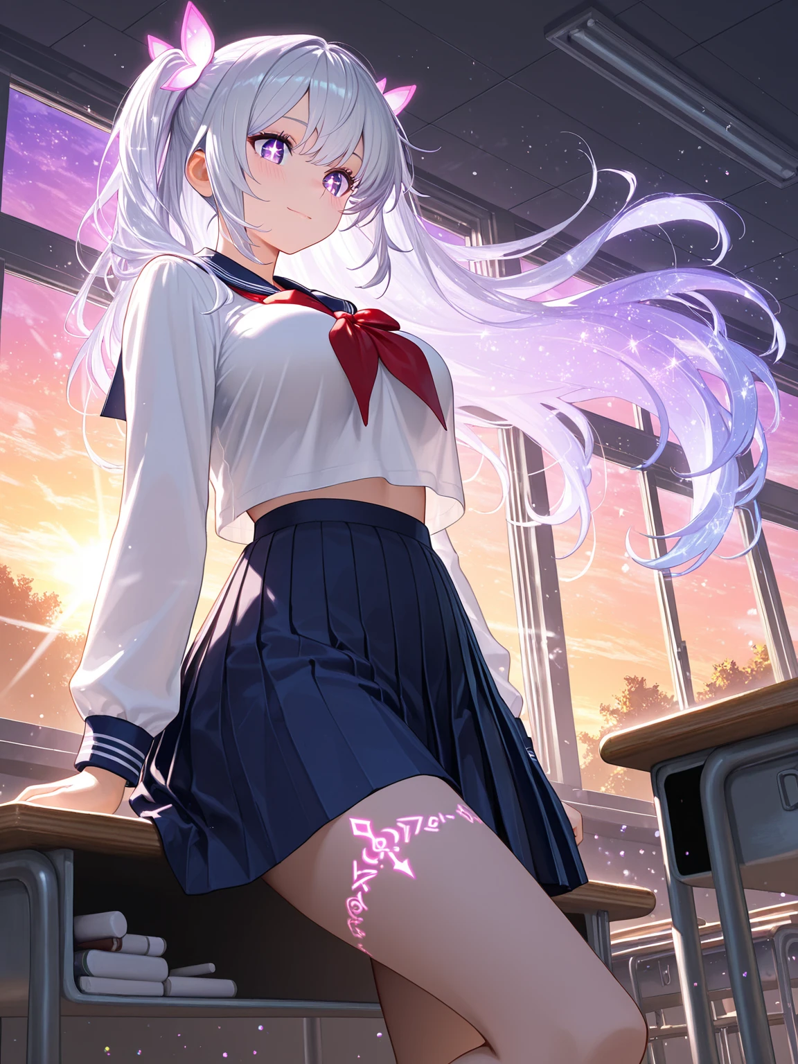A teenage girl,Long flowing milky lilac gradient hair,Air bangs,Lilac pupils,Japanese school uniform for girls,JK school uniform,pleated super short skirt,black over-the-knee socks,Dance shoes,Carrying a pink school bag,Town streets,Vast starry sky,Dream galaxy,k hd,Beautiful