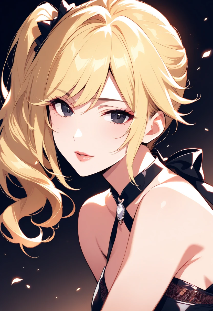 <lora:éªçµ:1:lbw=cahr>, ots-14 \\\(girls' frontline\\\),blonde hair,long hair,yellow eyes,bare shoulders,bangs,cleavage,dress,jewelry,black dress,collarbone,, 1girl,
,  (masterpiece,best quality:1.2),absurdres