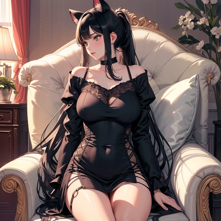 Black long-haired woman, open shirt, revealing clothes, black stockings, surreal full body figure, very sexy clothing, huge boobs, huge breasts, huge boobs, revealing deep cleavage, delicate face, shiny eyes, fair smooth skin, the best quality