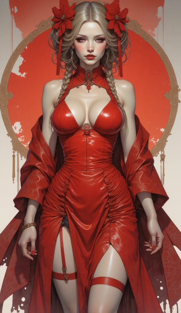 ((BLACK BACKGROUND,1:2, masterpiece)), full body MILF BIMBO standing with two long thighs and two metal sandals, red eyes, silver white hair, short bob style hair, big breasts, cleavage, separate sleeves, tiara royal, long cape up to two feet, yellow bikini, hands on waist, navel, lustful smirking smiling, smile face (red blushed, red cheeks), metal shoulders, gold sleeveless armbands, black leather choker slave collar, shackle bracelets, sex slave red crest, pauldrons, breastplate, corset, eye focus, full body, whole body. 1solo . slave fighter, loincloth standing, hands on hips, metal sandals, backpack, choker, big belt, view from below, feet together, bracers, tiara