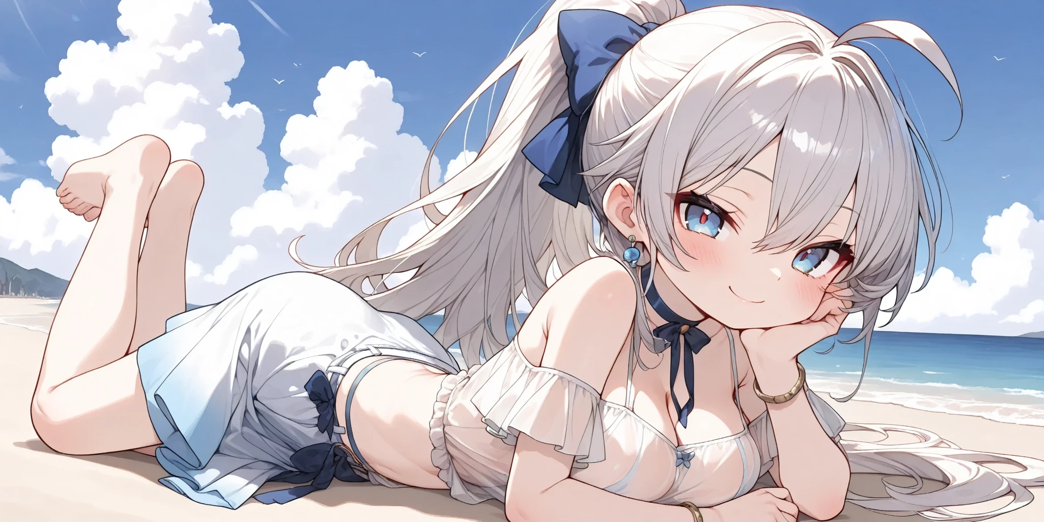 htm,aya,(masterpiece, detailed:1.2),First date,outside,beach,blue sky,cloud,sun shine,sea wind,((face focus,Face centered in the frame,side view,full body)),
only 1 loli girl,solo,large breasts,naughty face,playfully,petite body, blush,strong highlights blue eyes,ahoge, silver hair,,((long ponytail)),,hair between the eyes,sidelocks,
blue jwelly earrings, bracelet,blue bow choker, see-through clothes,(white off-the-shoulder frilly silk material shirt,loose tie-front shirt),midriff ,white belt,pastel white and blue two-layer skirt,lying on her side,(playful pose),resting chin on hand,waving at the viewer,leg up,hair fluttering in the wind,