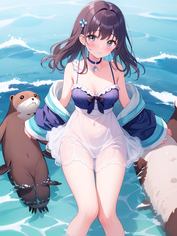 (8K、RAW photo、highest quality、masterpiece:1.2)、detailed background、beautiful and detailed face、beautiful and smooth skin、skin texture、professional lighting、cute teen girl,ponytail,(big breasts:1.2), wet white thin babydoll, white sailor collar、(big breasts:1.3)、sexual expression, panty shot, I can see through my clothes,Lying on the beach、emphasize the chest、Whole body gets wet、smile、Show 1&#39;~ side、open your legs