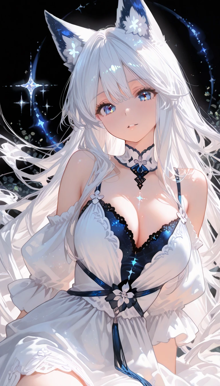 silber hair,butterflys,long whitr hair,white wedding gown,8k wallpaper,detailedbackground,Highest high resolution,deep v big breasts,Hair covers one eye,Bandeau wedding dress,chies,White rose,tight-fitting,chies,In the daytime,