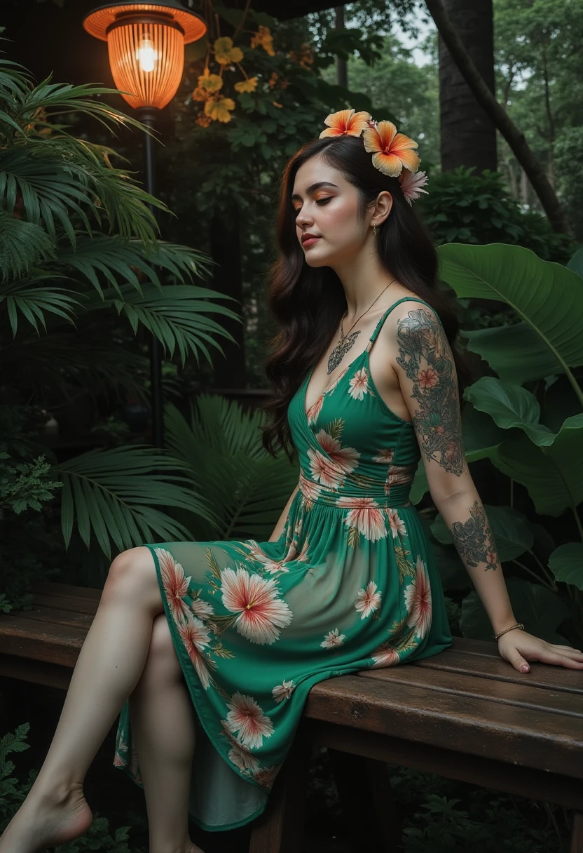 ((cheerful ((tanned plump ((Singaporean)) young lady)) sitting in modern glass library while reading novel, (wearing dragon detailed dress), (wearing antique dragon necklace), (cannabis and flower tattoos on arms and legs), legs spread apart, high quality photo, sitting quietly at table (with overgrown cannabis sativa plants surrounding scene during foggy sunrise)