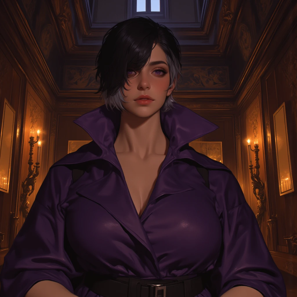 ((best illustration, ultra-detailed)), black widowmaker suit, necklace, standing, high heels, smooth stockings, elegant pose, mysterious smile, dim reflection, dark atmosphere.