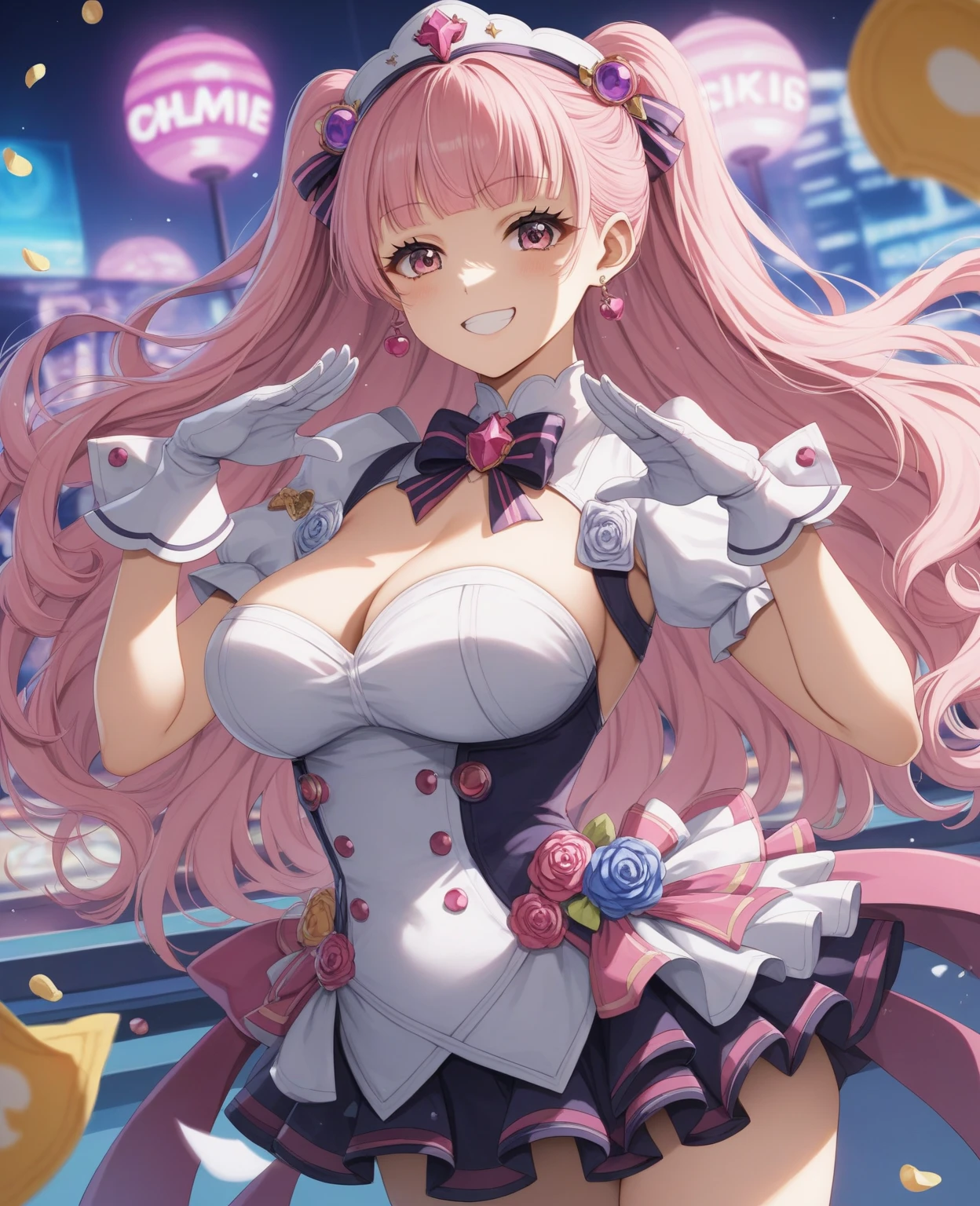 Happy young girl, with wolf ears and pink hair, holding her cheeks, wolf tail, wearing a latex dress, looking at veiwer, full body, you can see her chest, naked breasts