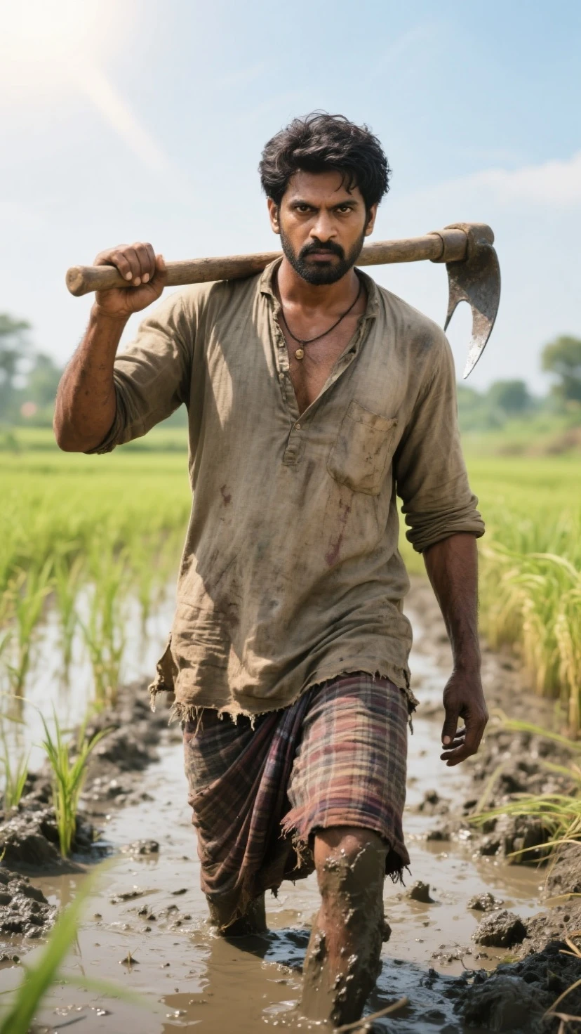 In the jute field, a man is cutting jute in a lungi with mud