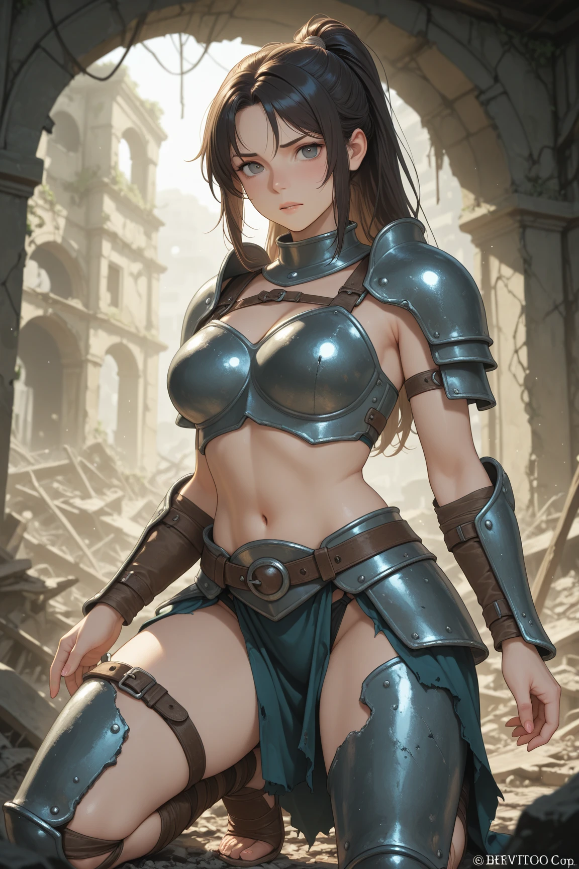 brunette warrior, armor, medieval fantasy, D&d, RPG, ultra realistic, ultra detailed, best quality, 8k, wallpaper, steel breastplate, steel boots, steel gauntlets, steel gloves, front, sitting, legs open, with hand in panties, skirt lifted, green skirt, tiny panties, tight panties, white panties, open crotch, panty view, upskirt, thong, cameltoe,  pantyshot, RAW,