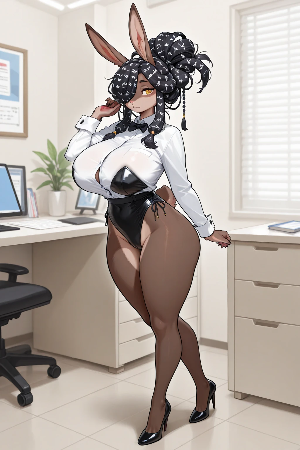 (dark brown skin:1.3),(black woman:1.3),extremely detailed beautiful face,(1mature woman:1.3),(long brown hair:1.3),(perfect amber eyes:1.3),(perfect big boobs:1.3),(perfect slim waist:1.3),(perfect big ass:1.3),(sexy white shirt:1.3),(perfect short skirt pink:1.3),(sexy black tights:1.3),(sexy secretary heels:1.3),(full body:1.3),(playground:1.3),extra perfect details,8K resolution,sitting, office, office chair 