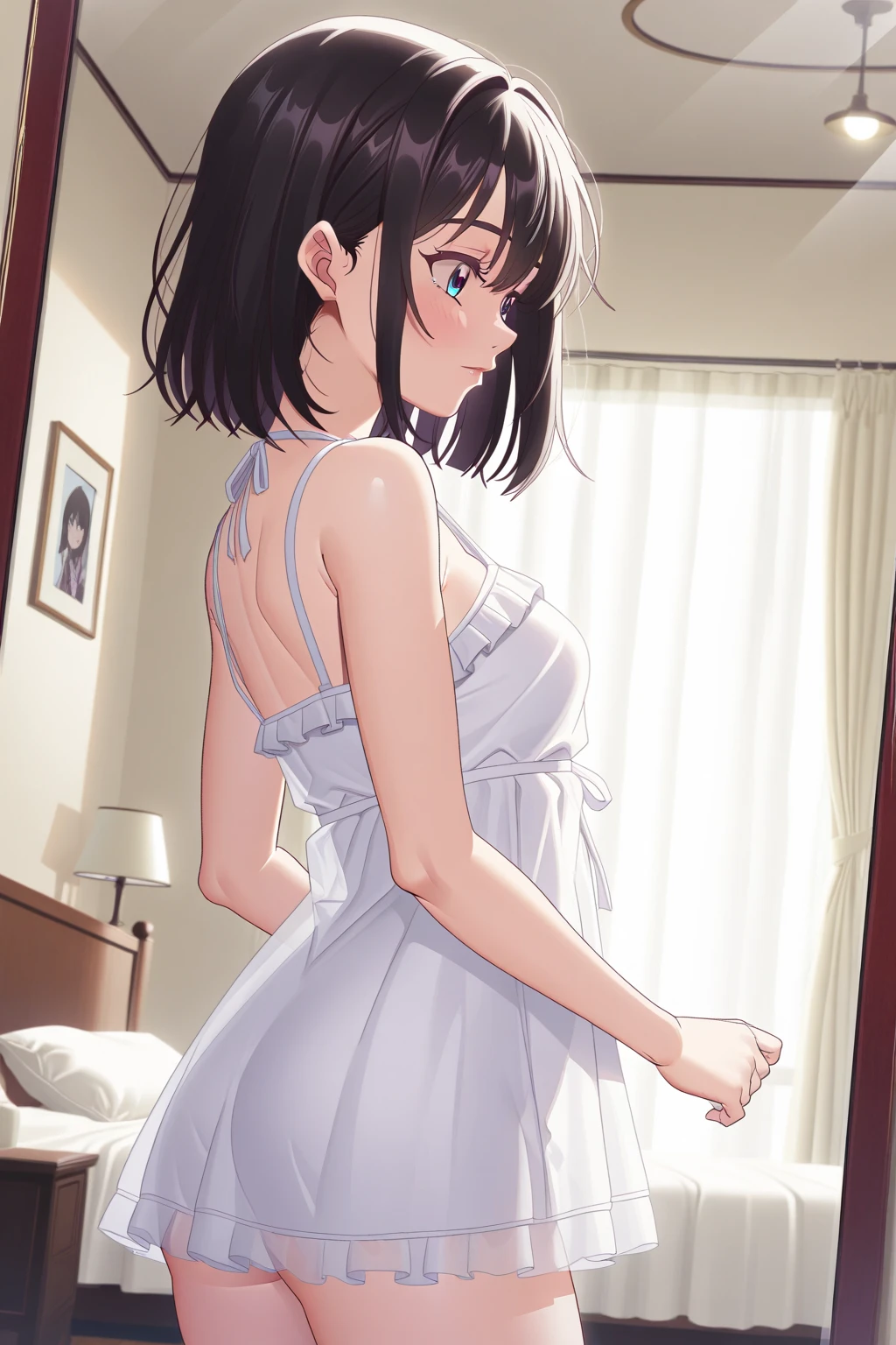 score_9,score_8_up,score_7_up,masterpiece,best quality, source anime, realistic, super detailed, extreme detailed, rating_safe,
1girl, standing, arms up, stretch arms, cowboy shot, (from behind:1.2),
BREAK girl, 22yo, short hair, bob cut, (blunt bangs), black hair, (tareme, detailed cute brown eyes), curled eyelashes, (large breasts:0.9), disheveled hair,
shiny hair, beautiful detailed eyes, beautiful face,
slender, small ass, slim legs,
(See-throughed negligee), (see through:1.2),
bedroom, window, morning, sunlight