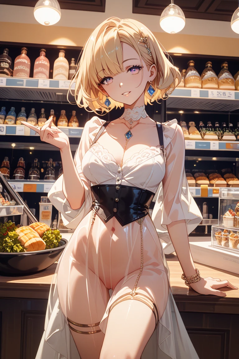 1woman, ((nipples, nsfw, fruits parfait)), BREAK, cute beautiful face, shop clerk, at coffee shop, ponytail blonde hair,
