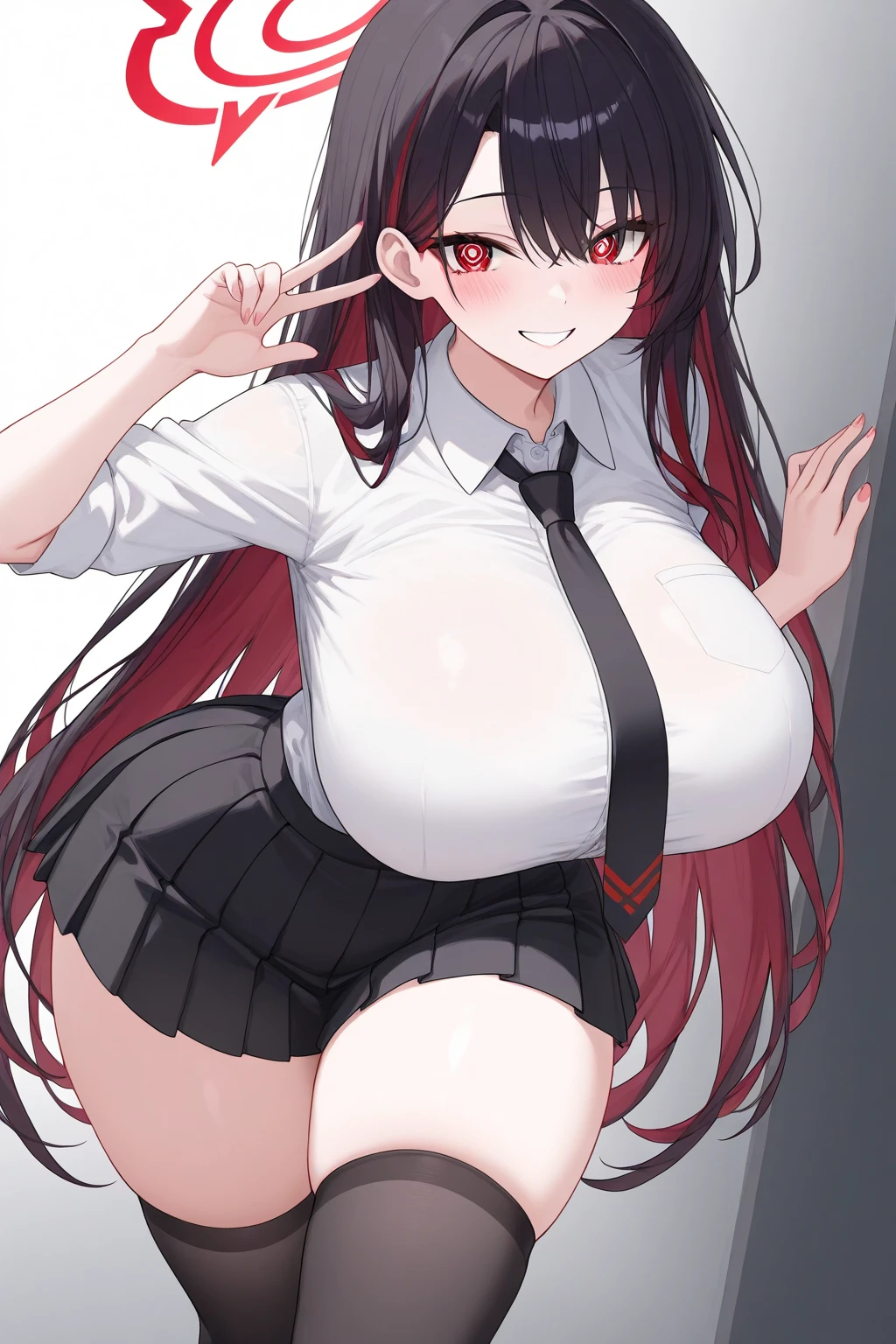 masterpiece, best quality, akame (akame ga kill!), full body, 1girl, solo, long hair, black hair, red eyes, necktie, very long hair, looking at viewer, gloves, breasts, huge breasts, big breasts