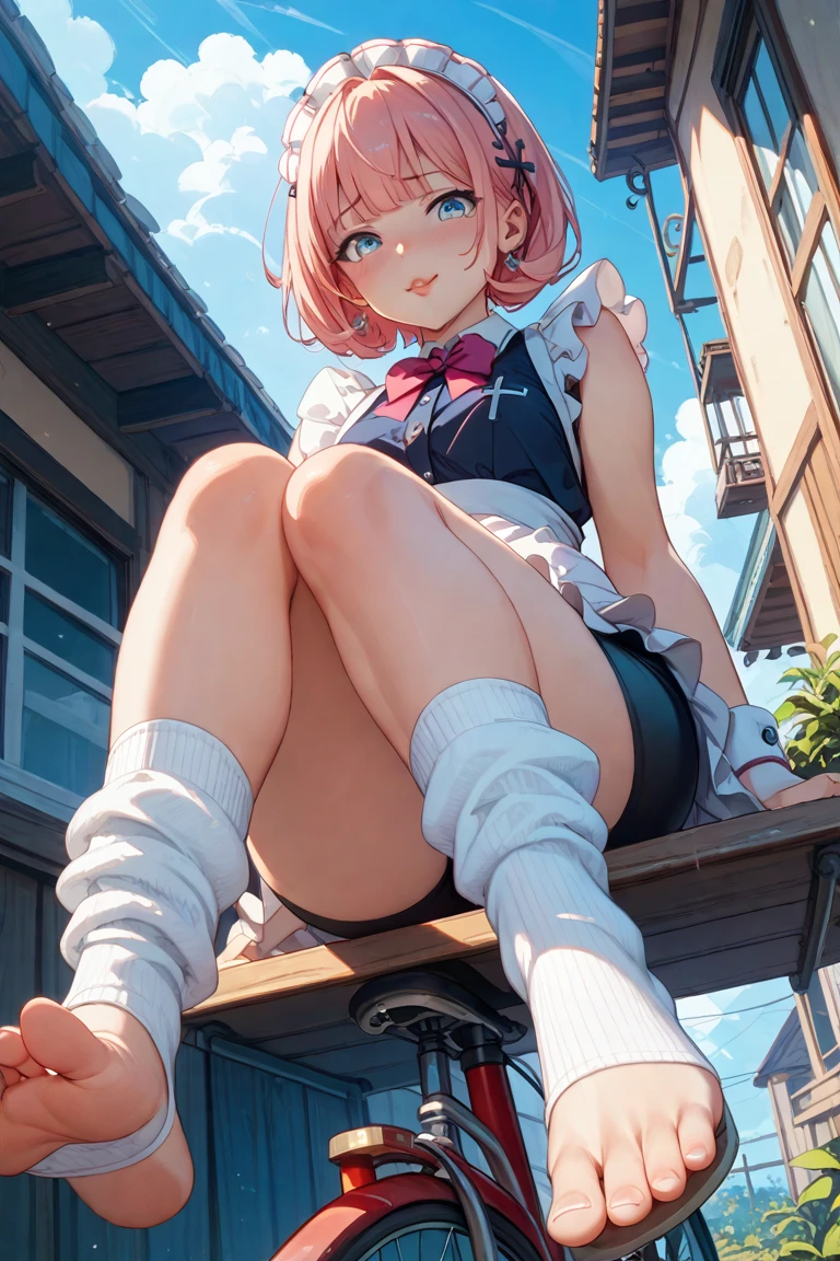 (best quality, master piece), perfect face an body,, Chica de sentada en el suelo con la mano en la cara, la chica de anime agachada, [[[[sonriendo malvado]]]], pink hair, purple eyes, black hair ribbons, panthyhose, pantyshot,