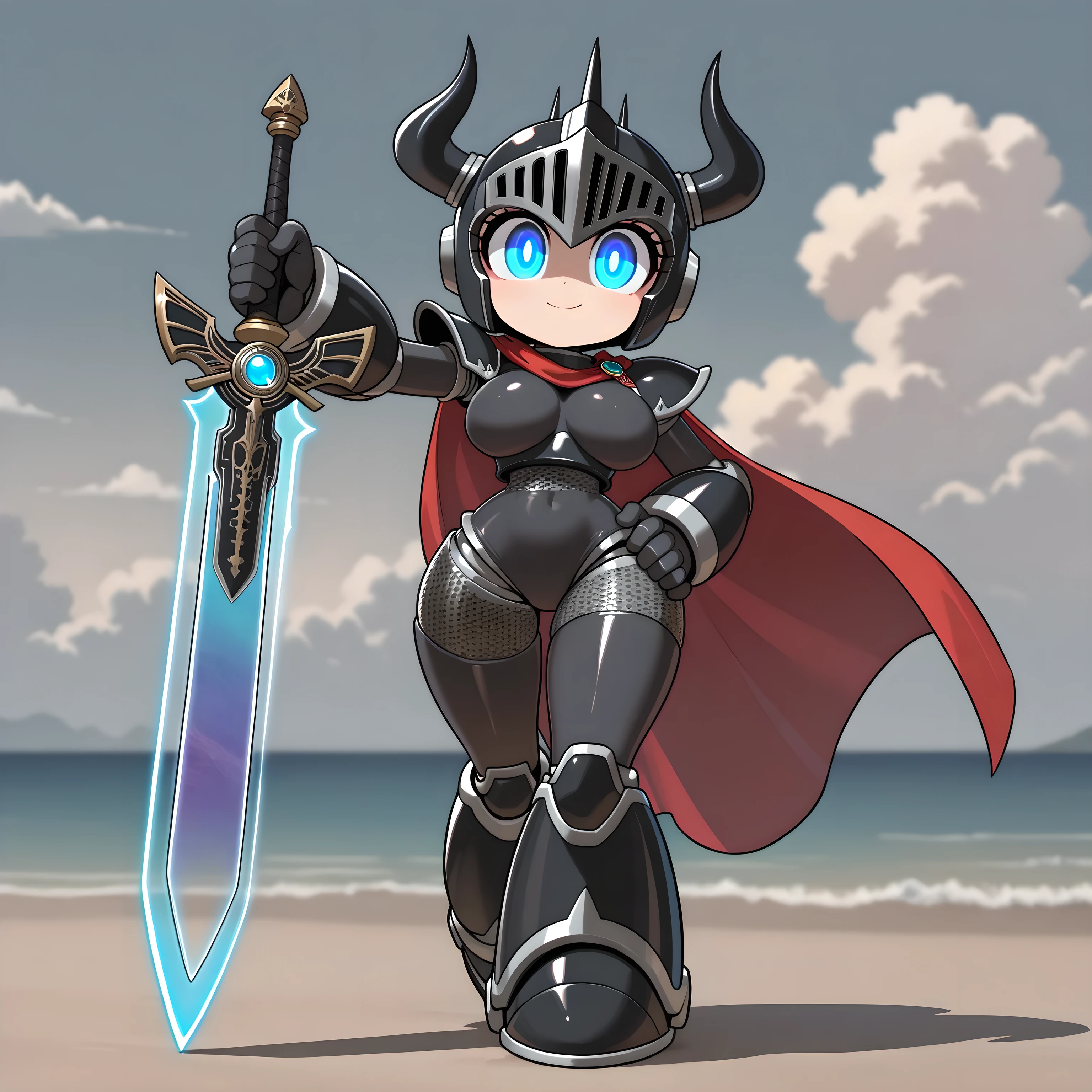 score_9 , score_8_up , score_7_up , ((masterpiece , highres , 4K , 1080p)) , standing pose , (solo) , shading , sharp focus , raytracing , 23yo , Cloud_\(FinalFantasy7\) , (((black knight helmet with horns))) , (((red cape))) , blue eyes , shiny eyes , (long lashes) , (((skintight chainmail suit))) ,((thin waist , wide hips , thick thighs)) , big breasts , (((black cyborg joints))) , no nipples , no vagina , nude , naked , ((very detailed beach scene)) , (((black armor))) , (((mega man 3))) , (((Skyrim))) , (((Final Fantasy 14))) , (((legendary weapon - plasma sword))) , toon (style) , chibi , full body , Toon (style) , (((glowing eyes))), Powerpuff girls style , style parody , (((big eyes)))