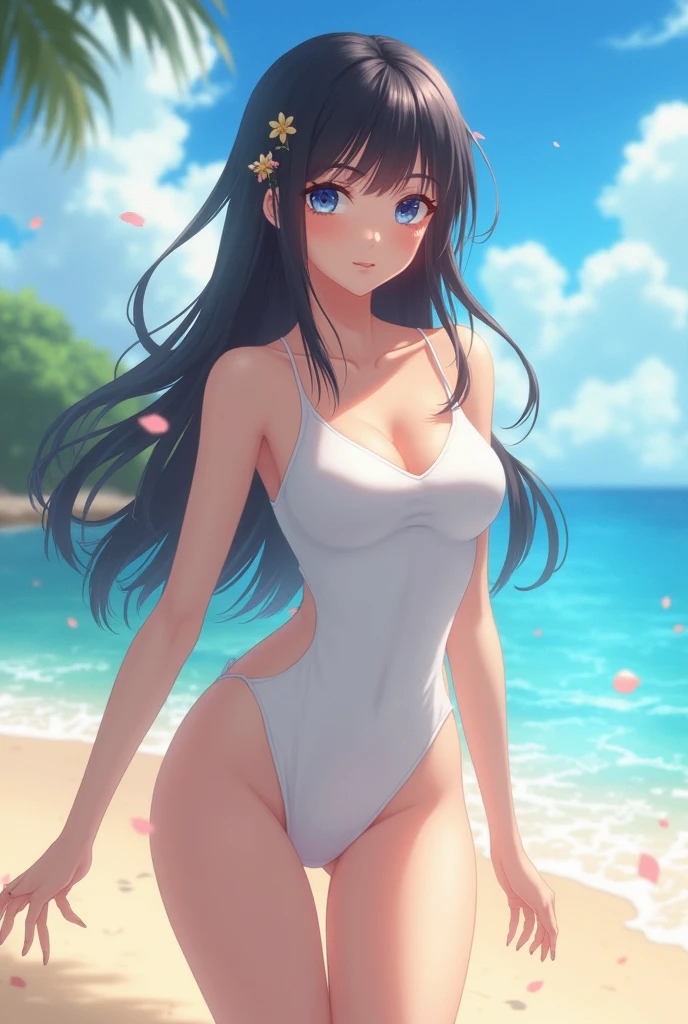 masterpiece, best quality, highres, nessa, dark skin, very long hair, single hair bun ,blue eyes, <lora:nessa pokemon by Goofy Ai:0.7>, bikini under clothes, see-through dress, wet, <lora:bikini_under_clothes_v0.2:0.7>, looking at viewer, beach, water, ocean, sun, <lora:add_detail:0.3>