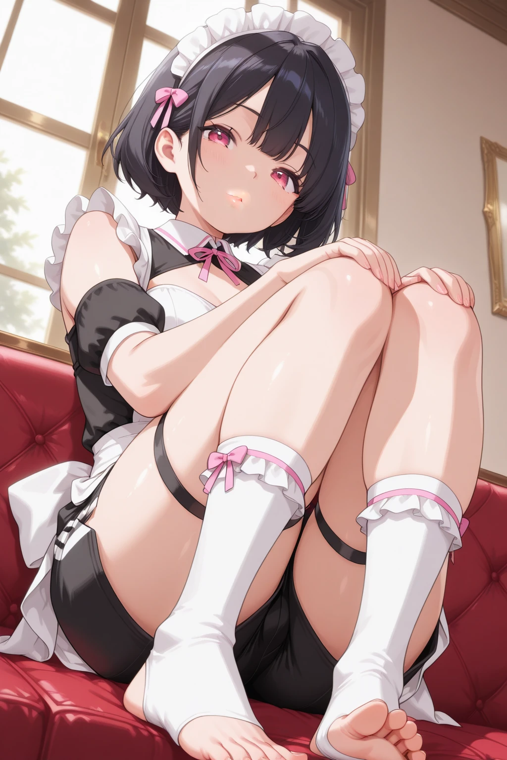 (masterpiece、highest quality、High resolution、realistic pictures、real looking skin:1.1)、
(A woman is sitting on a sofa in a hotel lobby:1.8)、
(The length of the dress is short so you can probably see her panties.、They inevitably lengthen their length to hide their panties.:1.8)、
(looking at her from the front:1.8)、
(she has a grinning expression on her face:1.8)、
(Since it's a hotel, I don't violate manners such as opening my legs apart or standing on my knees.:2.0)、
(She is wearing a navy long-sleeved turtleneck mini-knit dress.:1.8)、
(There is a gap around the chest of that dress and you can see her cleavage.:1.8)、
(I am wearing black middle boots.:1.8)、
(The panties are red and have a pattern.:1.8)、
(Bra and panties are always included:1.5)、
(brown medium ponytail:1.5)、
(small face:1.5)、
(she is 25 years old:1.5)、
(Her breasts are D cup, so you can see her cleavage through the gap between her breasts.:1.5)、
(Location: Hotel lobby sofa:1.5)、
1 Japanese girl、solo、full body esbian、beautiful eyes、shining eyes、Shining thighs、NSFW