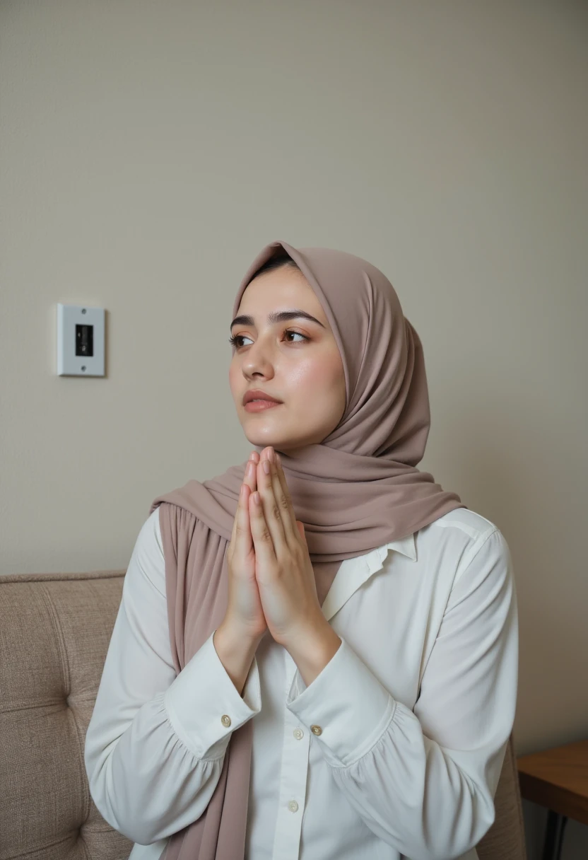 (A beautiful girl praying inside a mosque:1.4), (white-grey short hair:1.3), (large pale green eyes:1.4), (wearing a hijab that elegantly covers her head and shoulders:1.4), (pure skin, bright eyes:1.4), (facial features expressing contemplation and tranquility:1.4), (standing in a central position with hands placed in front of her, fingers interlaced:1.3), (deep belief and devotion to prayer:1.4), (surrounded by mosque walls with exquisite architectural decorations:1.3), (exceptional windows allowing light to filter in:1.4), (calm and soothing tones of blue, brown, and white:1.3), (gentle light creating a serene atmosphere:1.4), (essence of prayer and spiritual immersion:1.4), (highly detailed, sharp, and realistic:1.3)