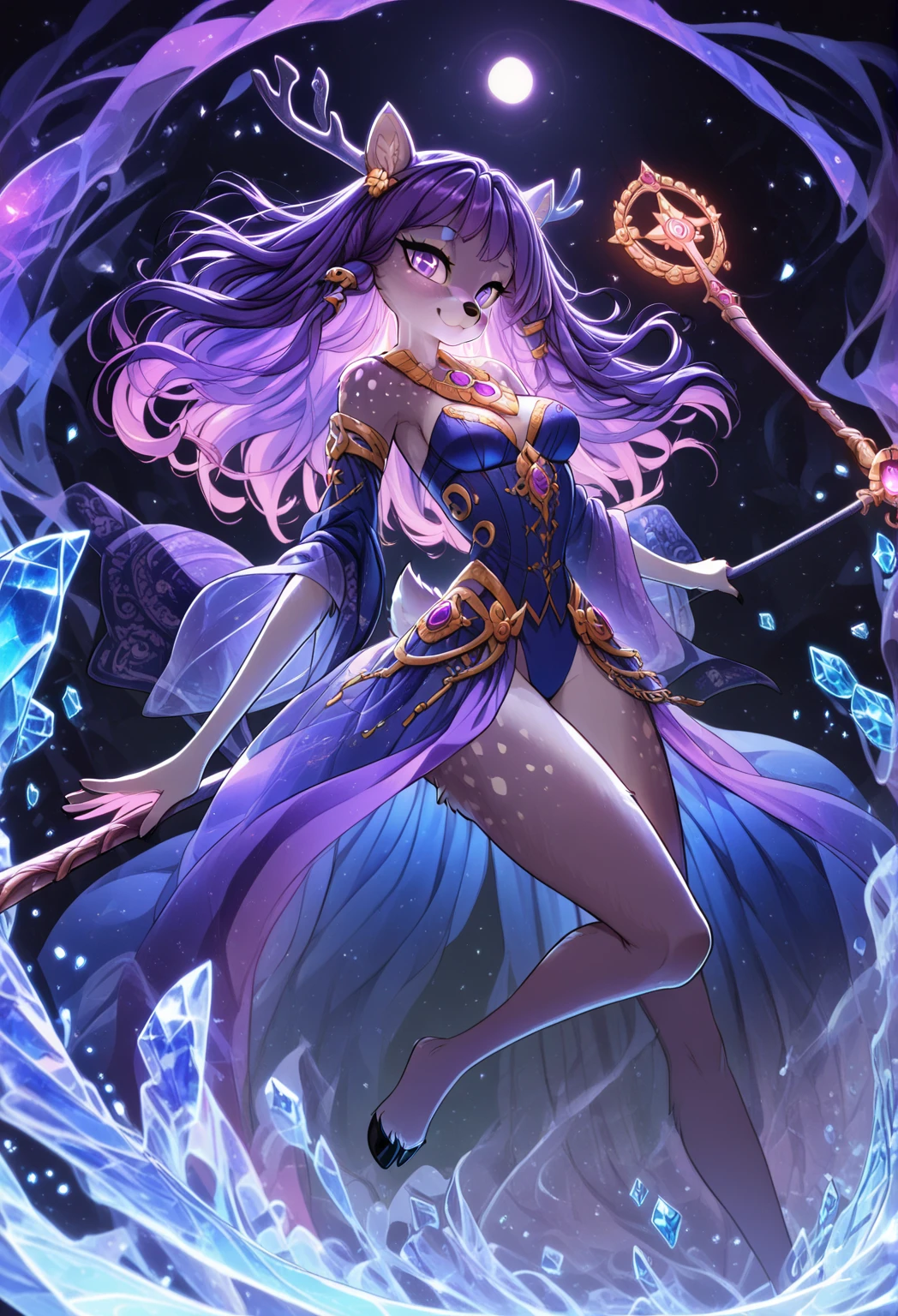 Total focus on an Ethiopian woman with curly hair with a dress that covers her entire body in a purple cloud in a fanciful and mystical aura and environment with rosé perfume + close-up full-body showing, pose, cinematic, detailed pretty face, exquisite details, 8k UHD, ultimate brushing, master brushwork, trending on artstation, master drawing, masterpiece