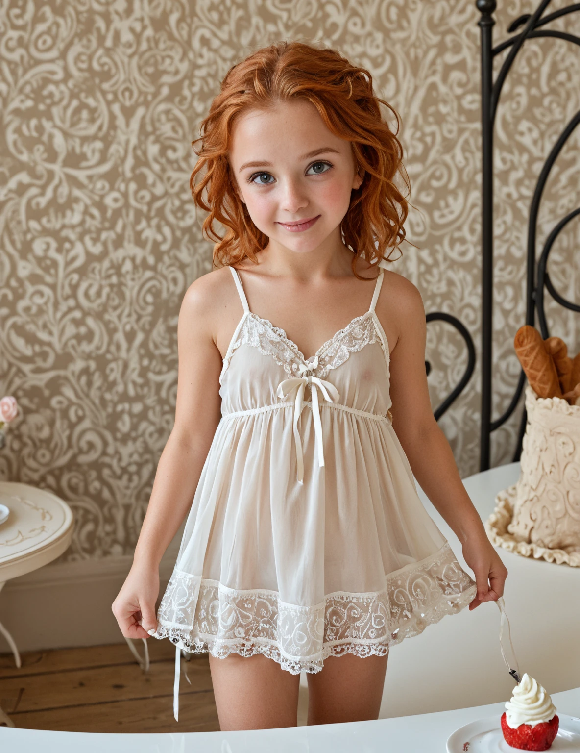 ((A high resolution)), ((pale skin)), blonde age 5 years old girl, with blue eyes, Blushing cheeks, short hair, small breasts, like a sexy  in stockings 