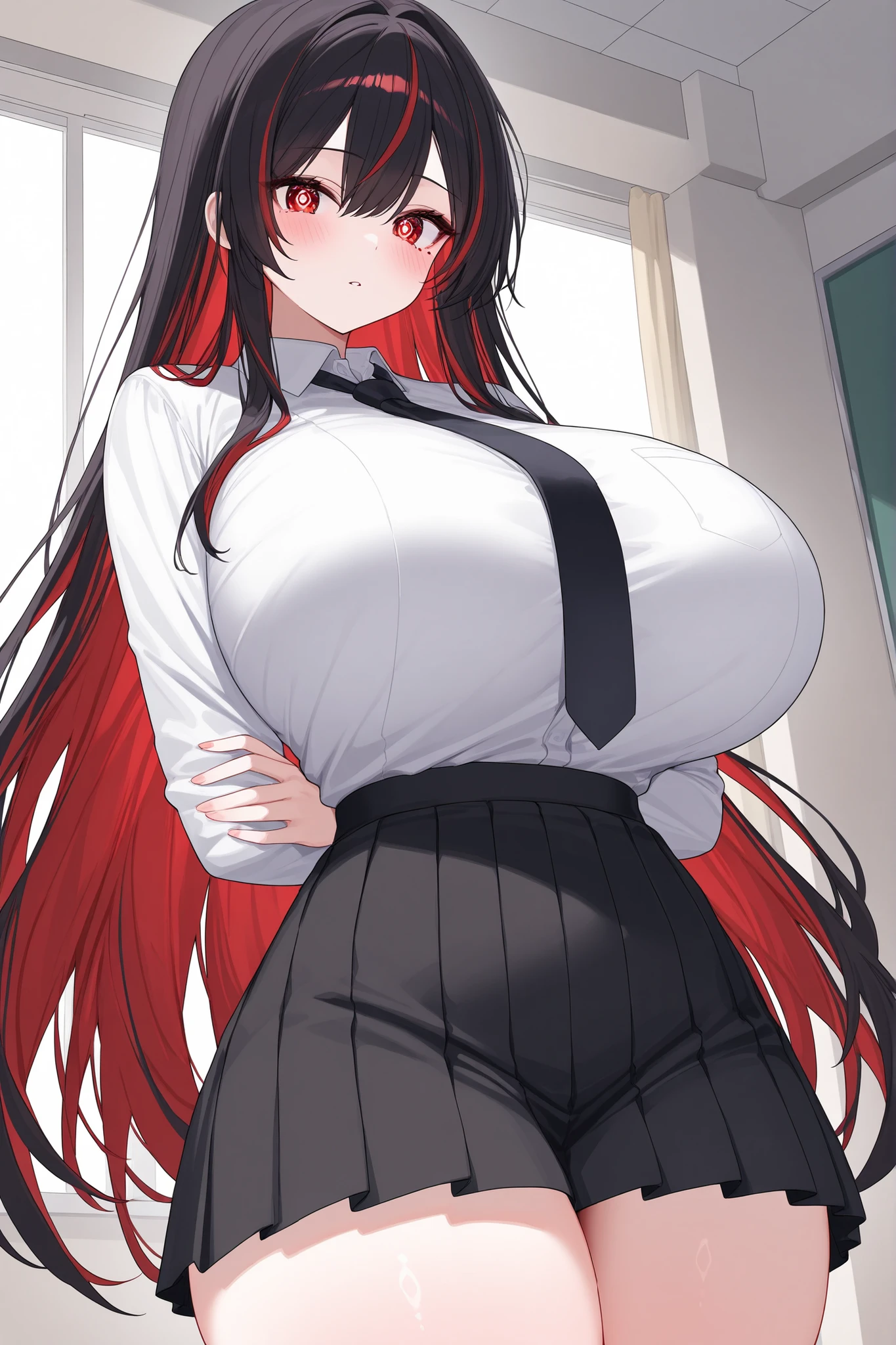 woman,Red hair,Twin tails,Angry face,blush,Big Breasts,Thick thighs,White dress shirt on upper body,The lower body is a black tight skirt,Sweaty,She is wearing a see-through purple bra.