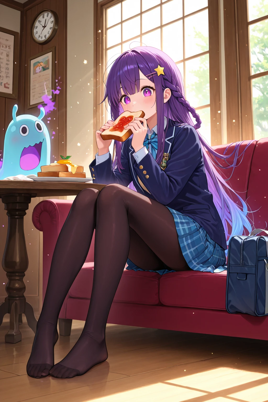eating gurger, holdinf burger <lora:_sdxl-dokaguiburger-pony:0.8> dokaguiburger, 1girl, , teen , small breast , pink eyes, ,  sky blue hair, very long hair , multiple braids, wavy hair , hair_pulled_back, , , , jumper dress , plaid  mini  pleated skirt, white  long sleeve, sweater , pantyhose, loafers , navy school bag, bag charm, bag charm, bag charm , Delighted