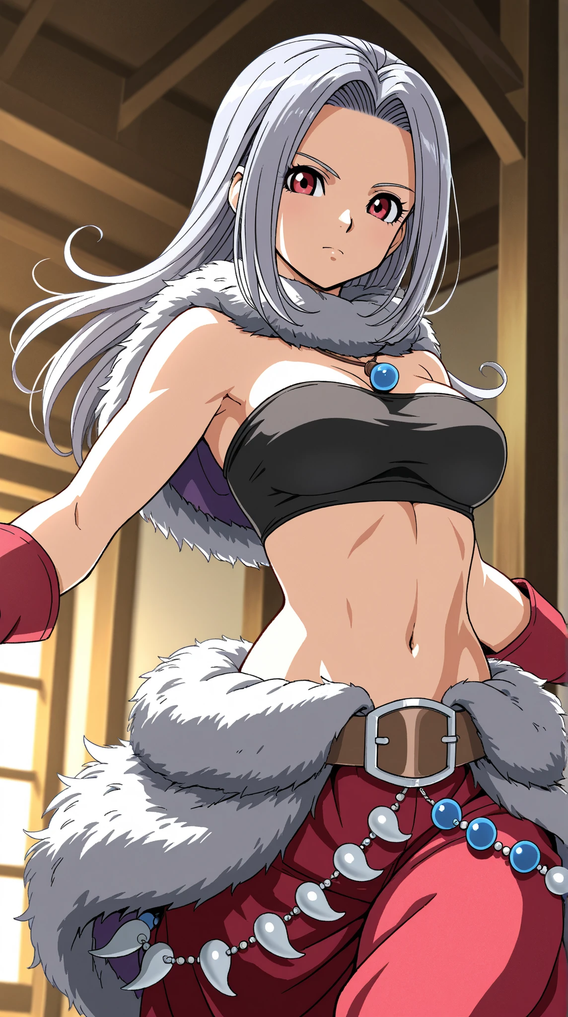 gray hair, gray long hair, ((yellow eyes)), eye patch, (((muscular))), big breasts, happy, (tanned skin), ((black clothes)), sexy, Ghislaine Dedoldia of Mushoku Tensei, fur-trimmed jacket, green pants, open fly, open belt, bikini top only, red choker, cat ears