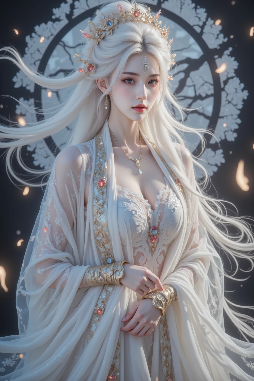 Exquisite scenes，depth of fields，8K，The ivory sky，White clouds，The sun shines on the snow-white sand。The coral sea，There are many small colorful shells on the beach，Red rose，Rose flower，tmasterpiece，k hd，Detailed details，Beautiful woman detailed definition of body using role play，grievance，Exquisite facial features，s the perfect face，White skin of the，long whitr hair，The background is a dragon，Hair bruising，Green clothes，The clothes were tightly wrapped，track pants，Cloak，Animal headdress