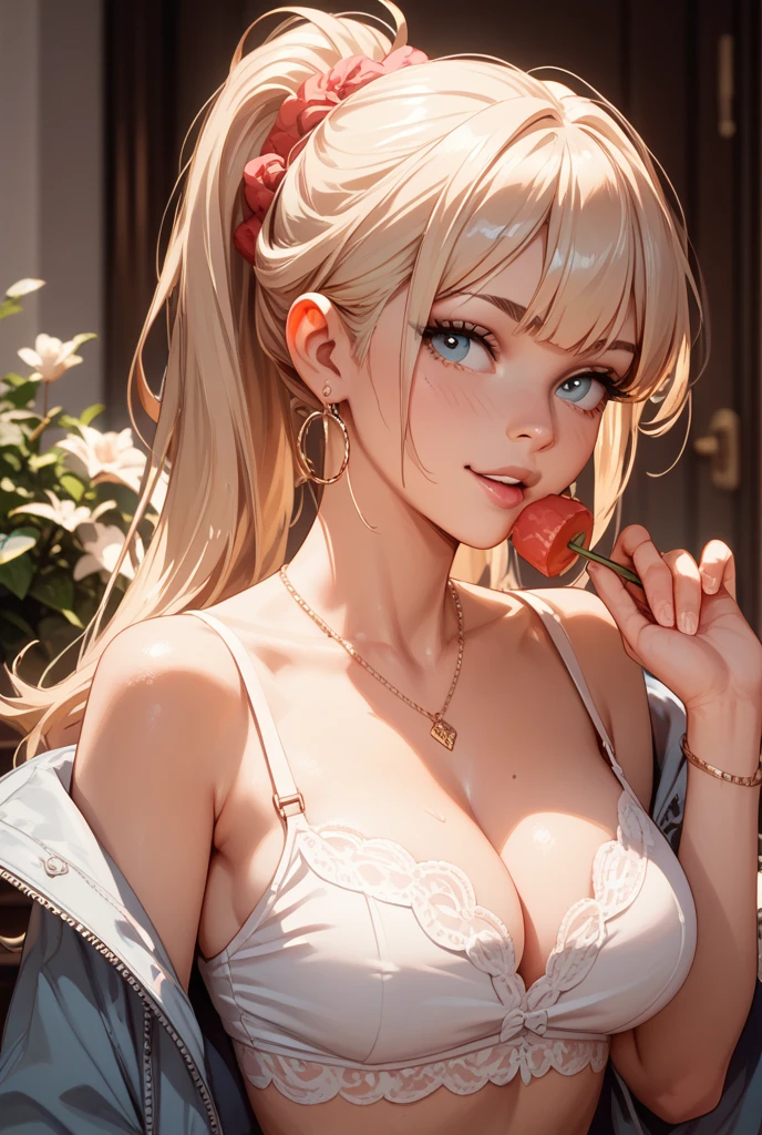 (8k, Highest quality, masterpiece),(Realistic, RAW Photos, Super Fine Clear), Realistic Light, Detailed skin, erotic, Sexy woman with a giant strawberry between her breasts, Upper body close-up