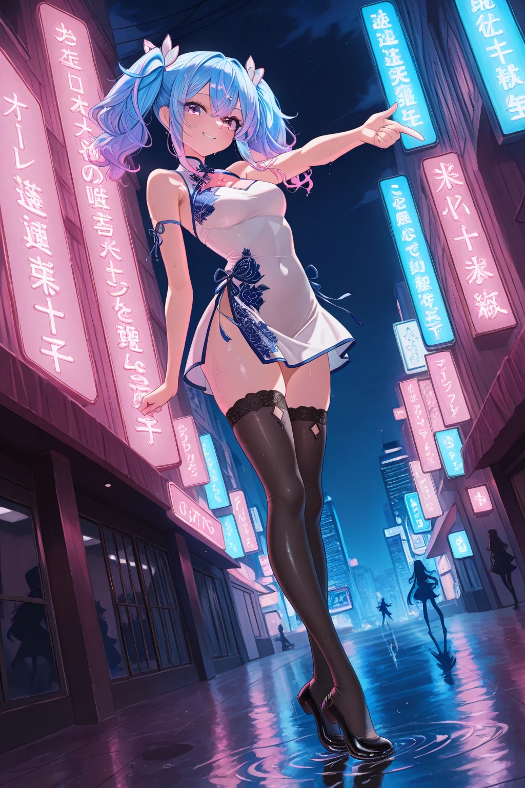 sparkle_\(honkai_starrail\), hiten kei style, detailed background, masterpiece, latex black short skirt, hyper realistic, realistic skin, best quality, 1girl, city, street, midnight, neon lights, small breasts, huge nipples, erect nipples, looking at another, topless, full body, vector illustration, nipples, light smile, blunt bangs, long hair, twintails, hair ornament, stomach, navel, bare shoulders, dark hair, sweaty, raining, wet body, fishnet leggings, boots