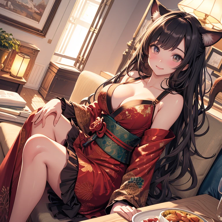 overhead camera angle。A beautiful woman with big breasts and fox ears relaxes in a reclining chair and stares into the distance。Random colored kimono with off-the-shoulder sleeves and skirt。hair ornaments、Earrings、necklace。