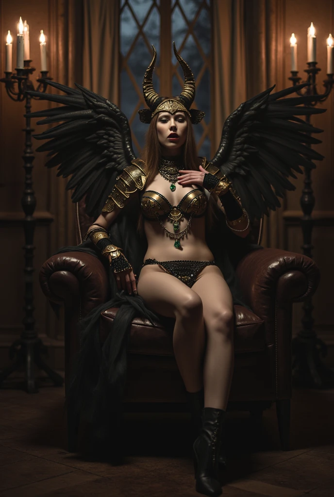 Human elf with wings sit in throne color black