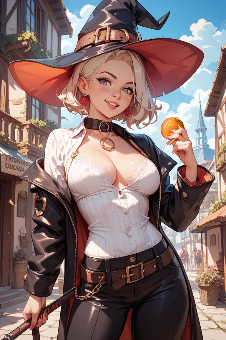 dark magician girl,gwen tennyson,tracer,bulma,rebecca chambers,Yu-Gi-Oh,solo girl,close up,moonlight,gold neck jewelry,body tattoos,short pink skirt,garter belt,short hair,dark magician girl hat,dark magician girl dress,dark magician girl robe,holding a wand,pumpkin village,pink magician girl cloak,silver earrings,halloween forest,glowing pumpkin,green eyes,orange hair,shy smile,freckles,redhead,beautiful girl, large breasts,thigh high boots,ultra detailed,realistic,fantasy art, (banana tits:1.4)