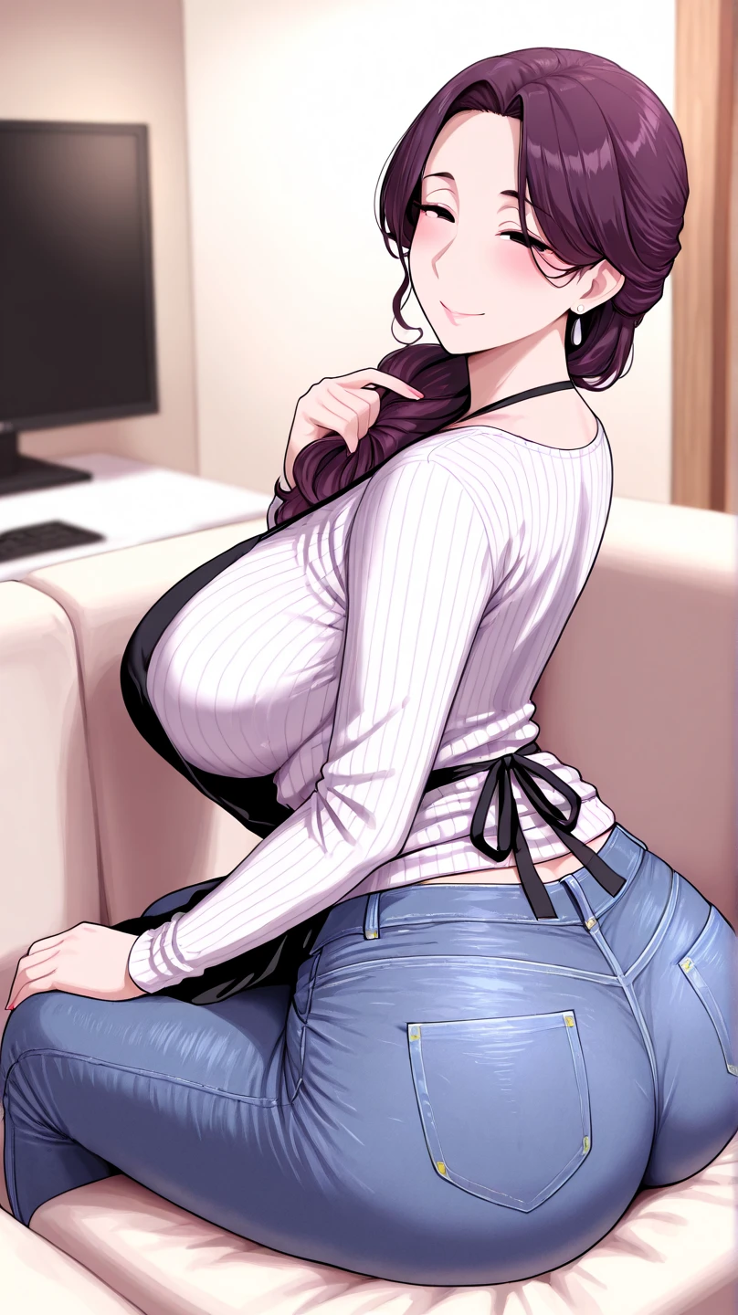 muff, red hair, black hair, multicolored hair, breasts, 1girl, breasts, solo, blush, long_hair, black_hair, large_breasts, thighs, open_mouth, sweater, v-neck, mature_female, shirt, jewelry, sleeves_past_wrists, collarbone, long_sleeves, smile, ring