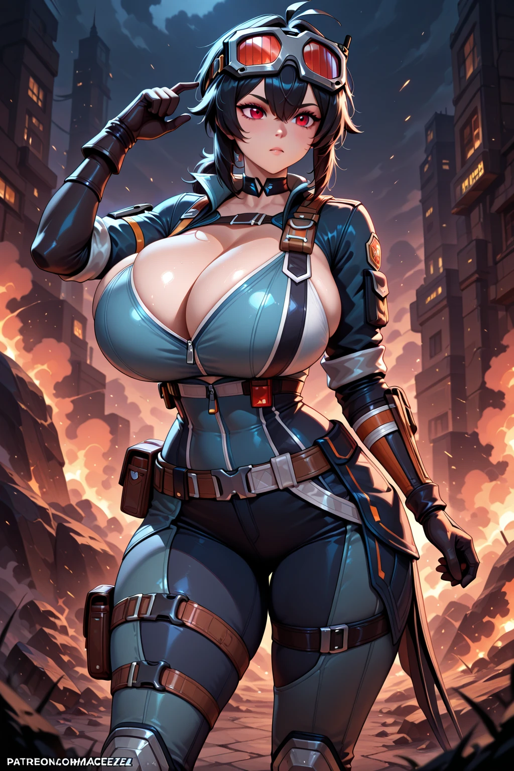 Fallout, a woman with messy brown hair, wearing a skintight vault jumpsuit, and a ragged blue metal gear bandana, brown eyes, blue jumpsuit with yellow stripes, backpack straps, fallout 3, cleavage, one leg up, GTScity, GTS, rampage
