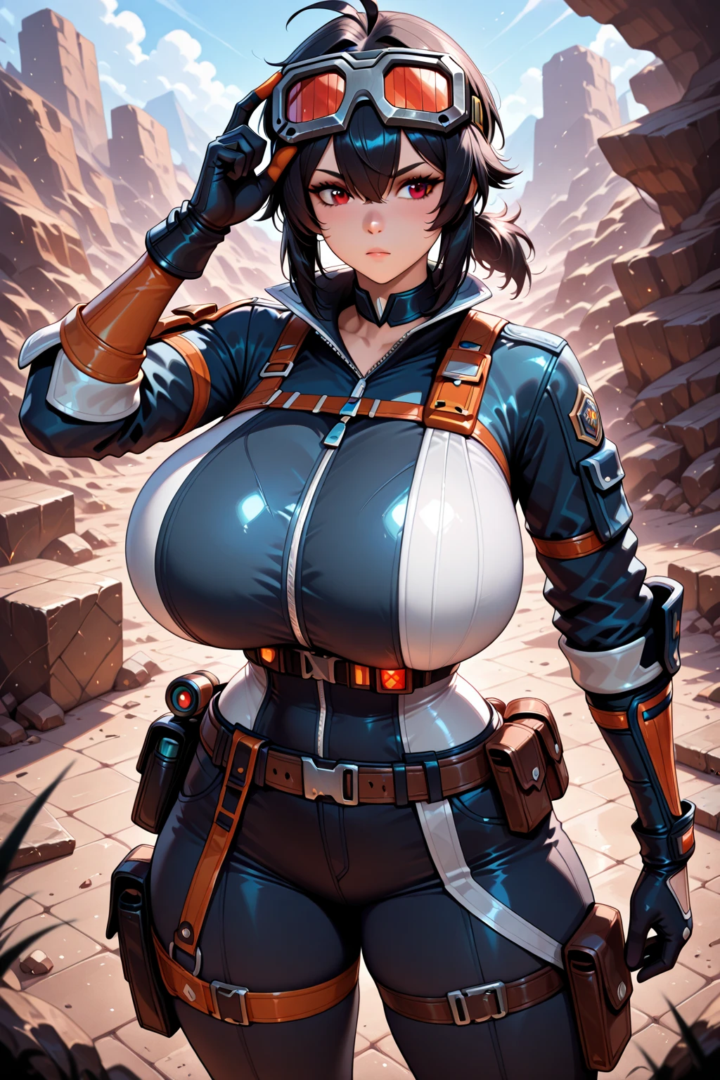 desert canyon at day, beautiful busty in adventure fashion standing, giga_busty