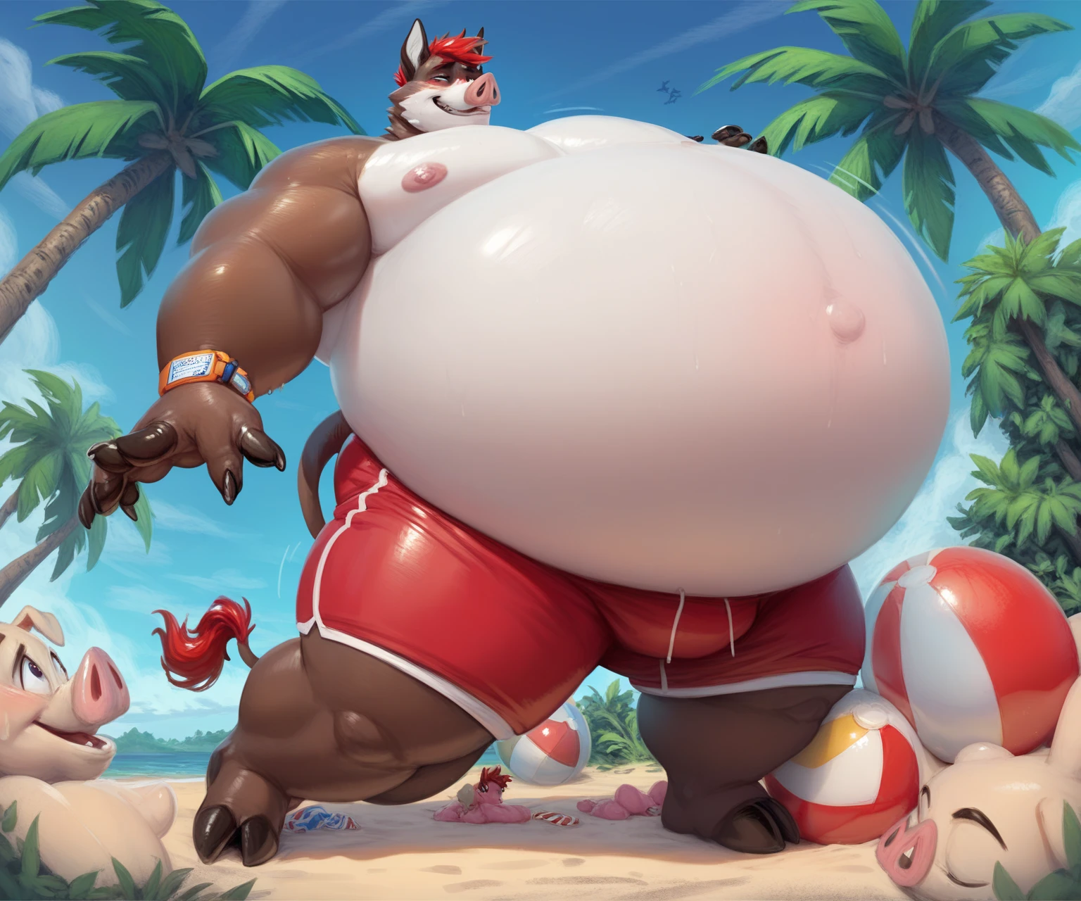 solo, (kangaroo, kangaroo tail), three heads on one body, three headed identical conjoined triplet brothers, (identical:1.3), (adult male, 50 year old male, (stylized 3d, by disney, by rembrandt), by pixar, by dramamine, (burly, manly, beefy, obese, fat, nipple piercing, ear piercing), beach background, (thong, bulge, navel, nipples), correct hands, correct anatomy, (detailed eyes:1.2, cartoon eyes:1.2, small dark pupils, masculine eyes, narrow eyes, six eyes), (ultradetailed, best quality, detailed masterpiece, highly detailed masterpiece, 4k, professional cartoon:1.7), ((flexing:1.3, natural pose:1.3, nuanced expressions:1.3)), (((dadbod)))