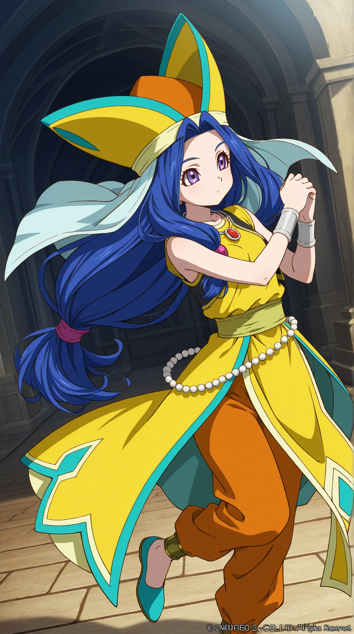 Blue 、 in full view、MiniskirtFullNude,Armpit show,flora \(dq5\),Long hair,half updo,white thighhig,1girl in, 独奏,  face to the viewer, Looking at Viewer, Smile,nighttime scene