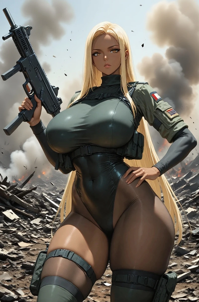 Full body view, bombed out market, rubble, foxholes, (laying in rubble:1.2), (torn clothes:1.2), (busty:1.2), cute, 18 year old, army helmet, blonde, (slutty US army soldier:1.1), (dirt on body:1.3), huge natural breasts, round breasts, inperfect skin, (pubic hair:1.2), (turned side to camera), big butt, (detailed face and eyes:1.2), (deep cleavage), (breasts bulge:1.3), (cameltoe:1.2).