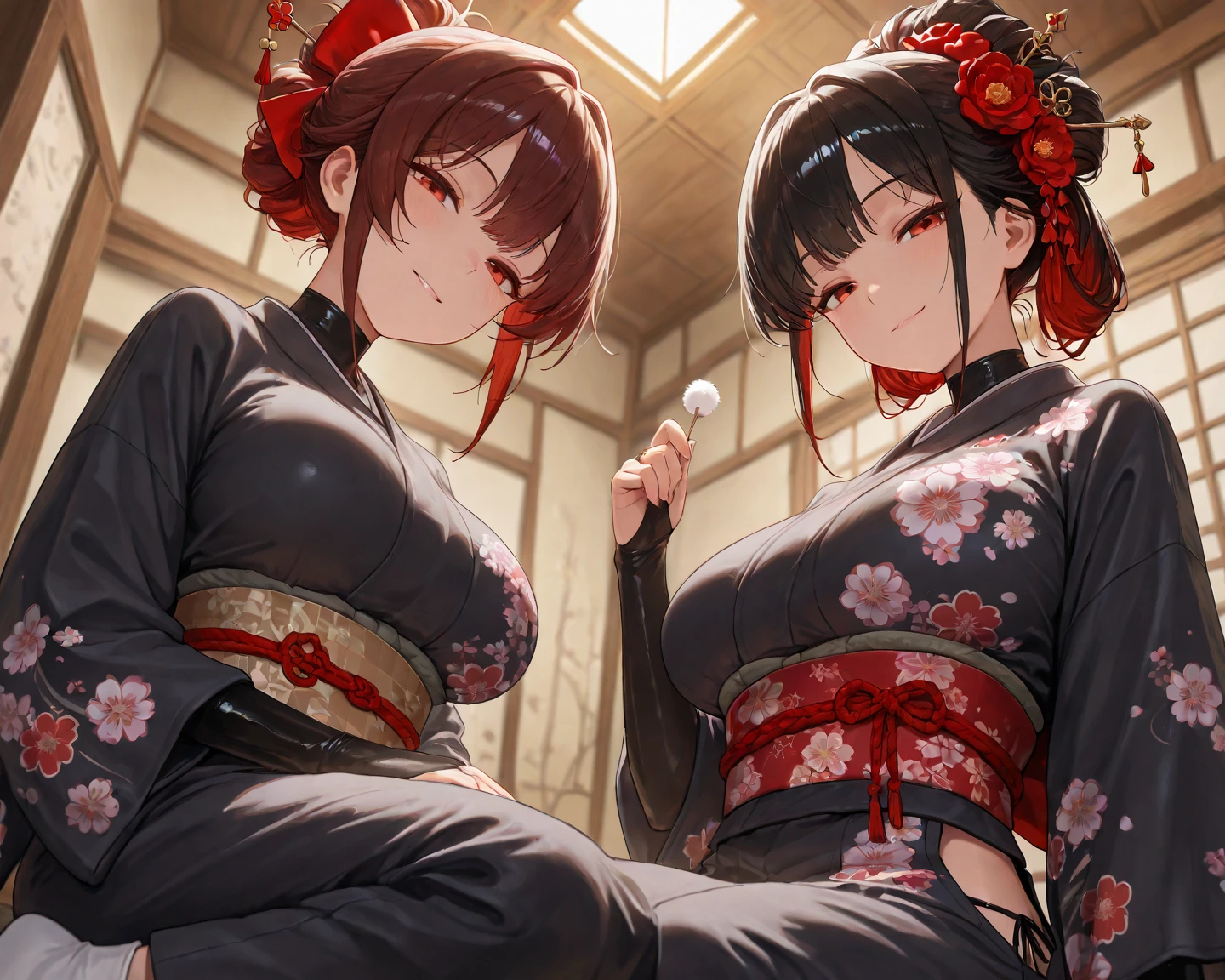 Best quality, highest resolution, Very large breasts, traditional japanese kimono, v-neck, cleavage, visible bra, see-through, black hair, long hair, bun updo, red lips, black thigh highs, licking own lips, oni girl,
