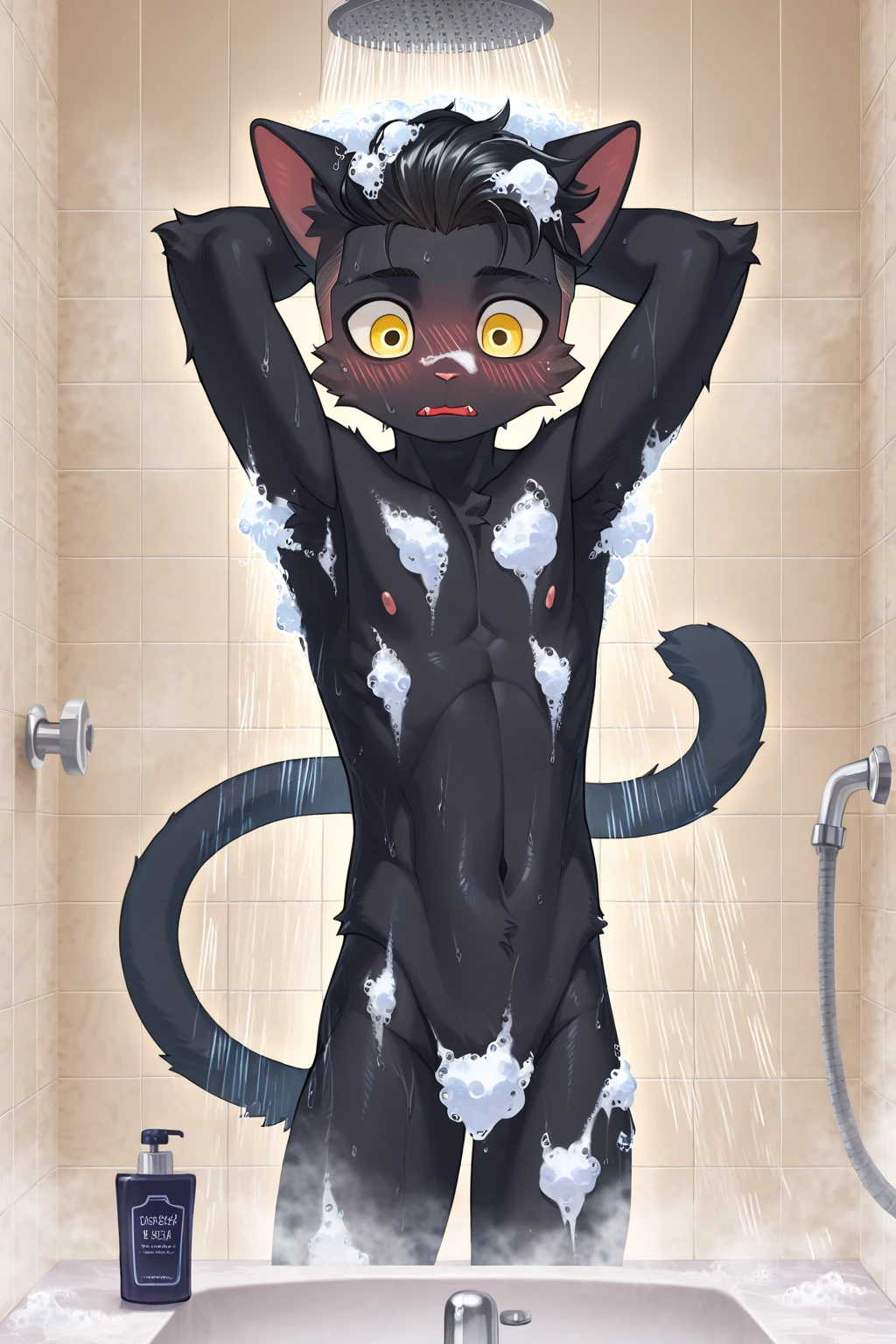 Kizi,brunette skin,cat eye,Cat's ear,sharp teeth,claw our fingers, white hair,Naked in the bathroom, wet,showing the ass