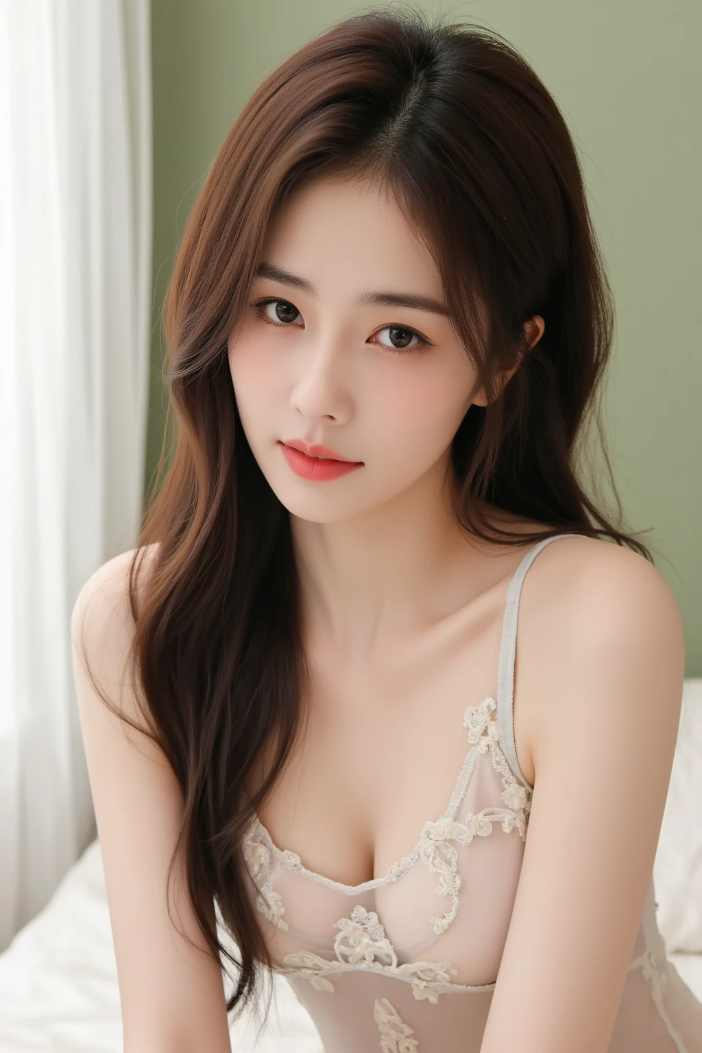 (masterpiece:1.3), (8K, Photoreal, Raw photo, best image quality: 1.4), Japanese high school girl、(long hair:1.2)、cleavage:1.2、At a luxury villa overseas、super detail face、eye for details、double eyelid、chest to chest、sharp focus:1.2、Beautiful woman:1.4、light brown hair、highest quality、masterpiece、Super high resolution、(Photoreal:1.4)、Highly detailed and professionally lit smiles、loose and light nightgown、shoulder out、thin、serious expression、short haired、deadly position