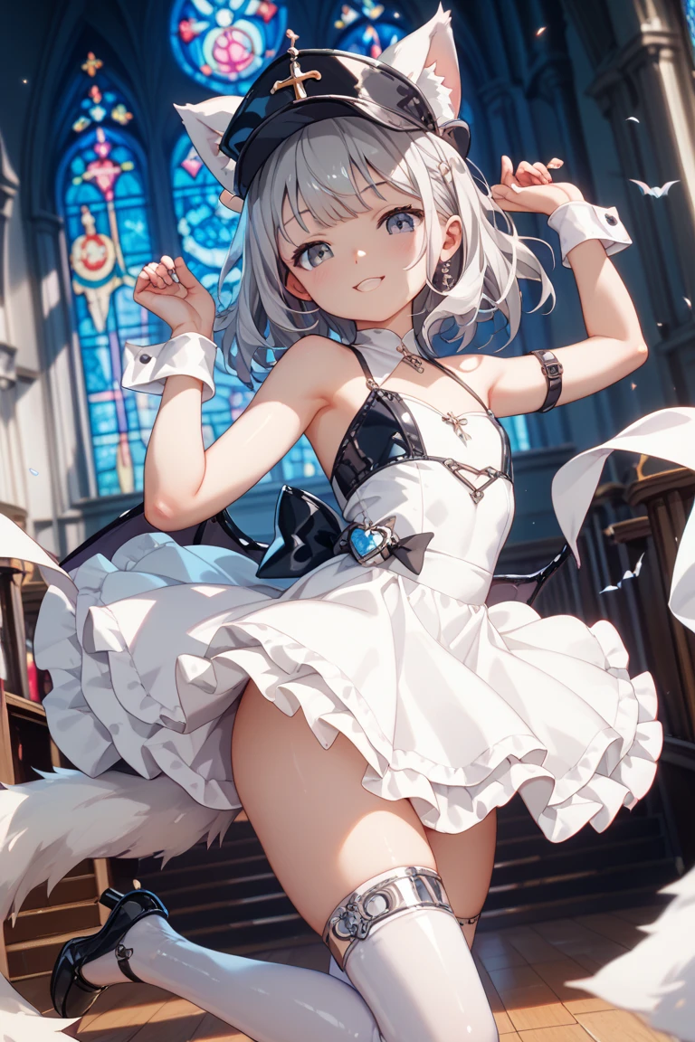 (masterpiece, highest quality:1.3), 1 cute girl, ideal ratio body proportions, blonde short hair, black frilled mini skirt, puffy shoulders, bare arms, magic wand, (white cotton panties, 1 strange small animals:1.4), dynamic pose, night city, 