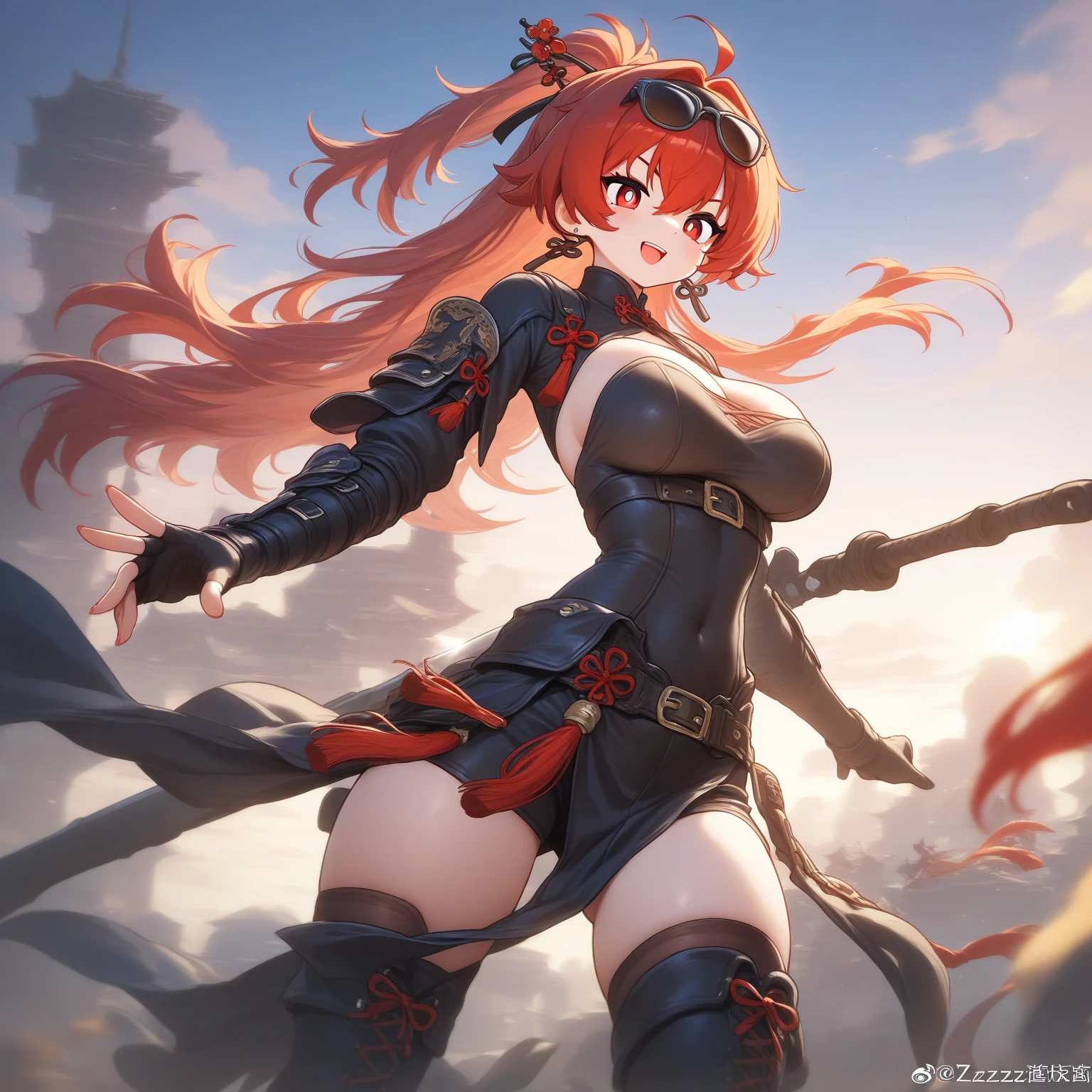 weird atmosphere, (best quality:1.1), (masterpiece:1.2), high quality shadow, beautiful detailed, (high detailed skin, skin details), (wide landscape, 8k), depth of field, highres, best illumination, (sexy), outdoors, blurry background, HD hair, beautiful face, perfect skin, red hair, long hair, (huge breasts), blood particles, (night), sharp teeth, glowing red eyes, blood on face, blood on clothes, blood splashing, female knight running in the war fields, white dress, leavage, stocking, high heels, dynamic pose, close to viewer, gripping blue flame sword, in the grassland, foggy, wet body, wet hair, hair fluttering, bare shoulder, blue flame