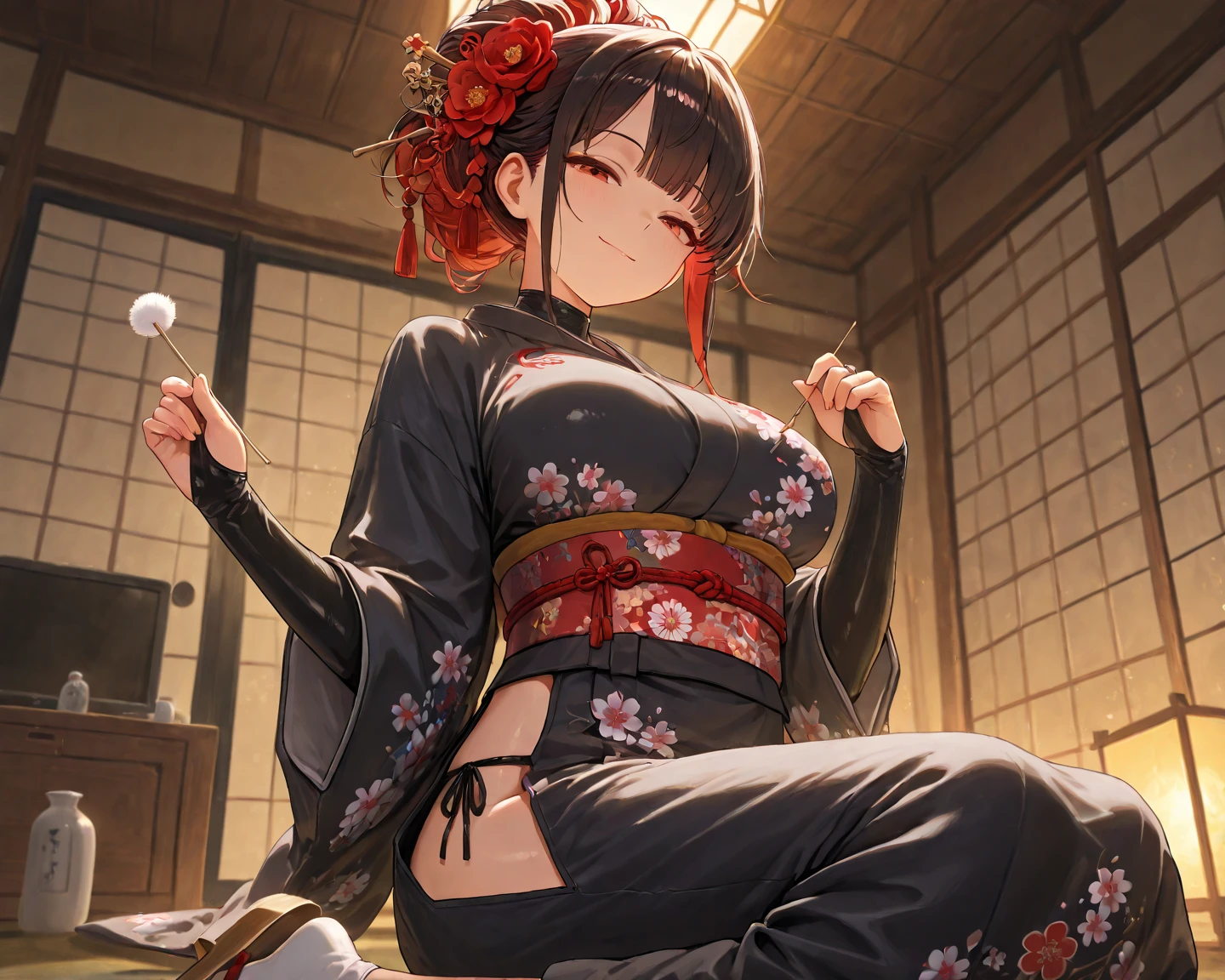 ​masterpiece、best、Hi-Res、1 female、A dark-haired、Medium Hair、Asymmetrical hair、Floating hair、blindfolds、High Ponytail、side locks、hair adornments、Fish hair ornament、tassels、Kanzashi、bangss、light blue  eyes、Beginning、ssmile, tusk, Only the upper teeth, a choker, a red choker, Pendant Choker, Butterfly Choker, 鎖骨, The tattoo, Chest Tattoo, Flower tattoo, cleavage of the breast, middlebreasts, thighs thighs thighs thighs, bandaged, Bandaged Legs, sarashi, Budget Sarashi, Breast sarashi, Black sash、 Hadanugi Dosa 、 Broomstick 、 Komono 、 Kimono 、 Drawstring 、 Obi 、 Obiage 、 Obi tightening 、 Orange kimono 、 Drawstring 、 Patterned kimono 、 noose 、 Obi 、 Shimenawa 、 Short kimono 、 Piece bare shoulders 、 phantom（Genshin） 、 East Asian Architecture 、cherry trees, full body Esbian, crouching down, sparkler fireworks, natta, sparklers, sparklers, cross one's legs, an legs, single glove, Single fingerless gloves, wristbands, Black socks,