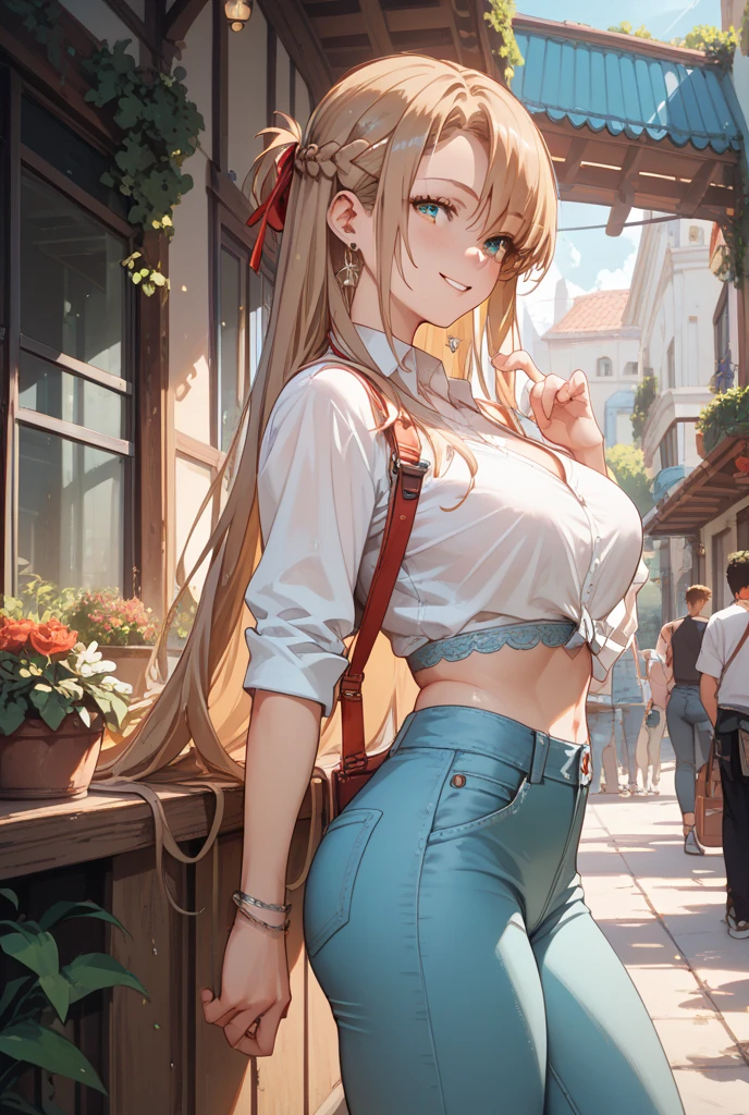 (Best Quality)), ((masterpiece)), (detailed), 1 girl, with tight blue jeans, red strappy blouse, neckline, big breasts, blonde, Chinese hair, Brown eyes,((Whole body)),((Front view)),((in love))