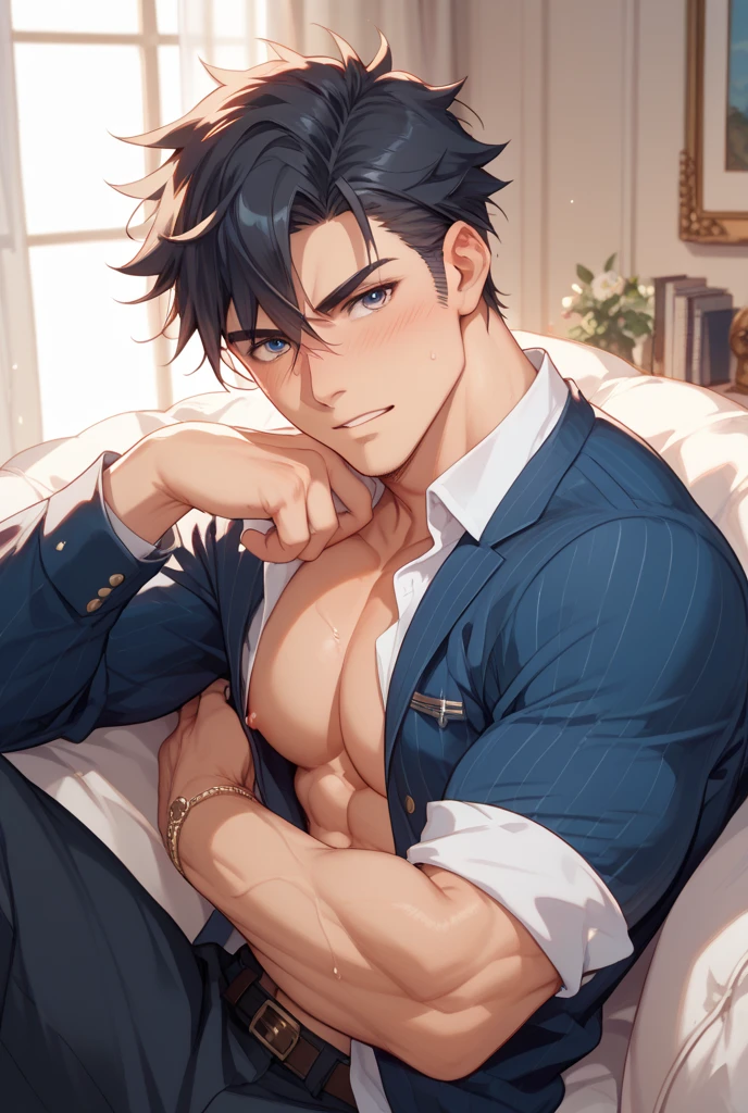 A handsome and sensual 18-year-old male, athletic body, black spiky hair, blue eyes with star-shaped pupils, white jacket with gold details,  under the jacket, black pants with details in gold.  In the bedroom.